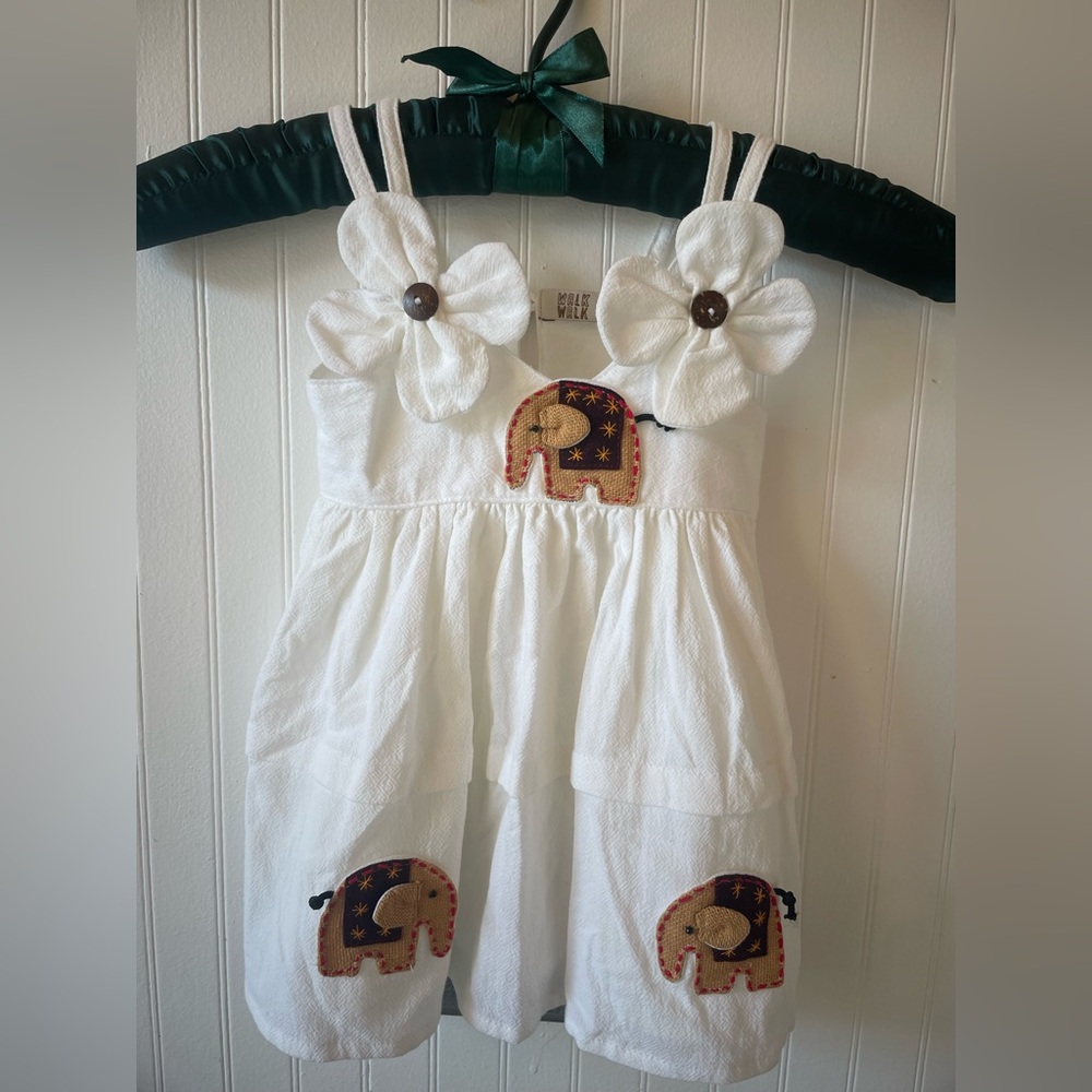 White Walk Walk 100% Cotton Baby Girl Dress With Elephants And White Flowers